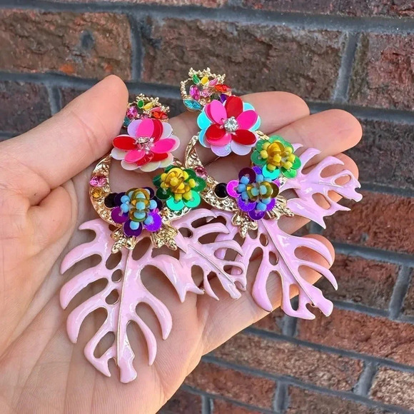 Zara  Rio Monstera Pink Leaf Earrings - Picture 14 of 14